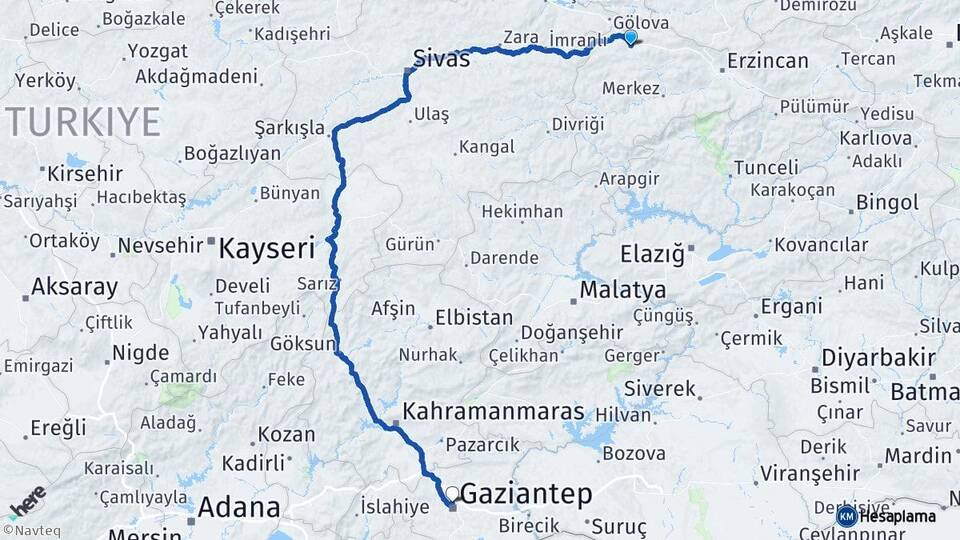 Erzincan Refahiye Gaziantep Arası Kaç Km - Yol Haritası