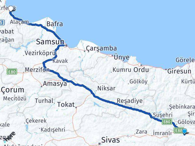 Erzincan Refahiye Gerze Sinop Arası Kaç Km - Yol Haritası