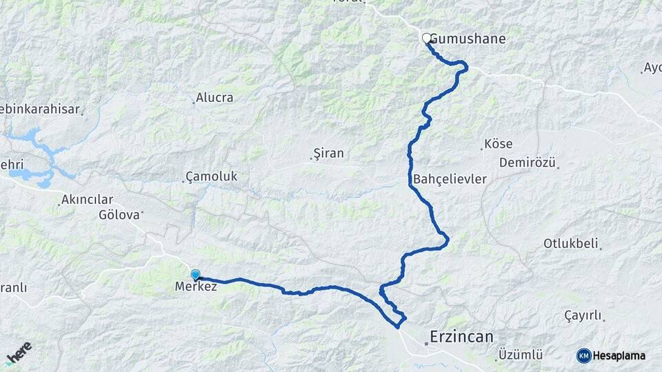 Erzincan Refahiye Gümüşhane Arası Kaç Km - Yol Haritası