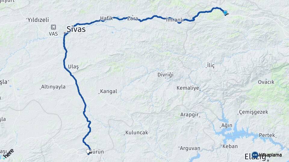 Erzincan Refahiye Gürün Sivas Arası Kaç Km - Yol Haritası