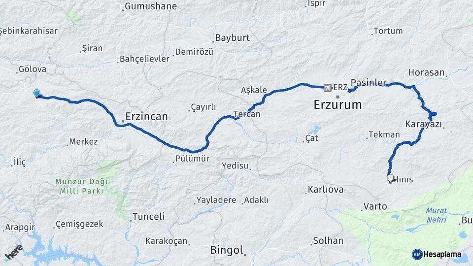 Erzincan Refahiye Hınıs Erzurum Arası Kaç Km - Yol Haritası