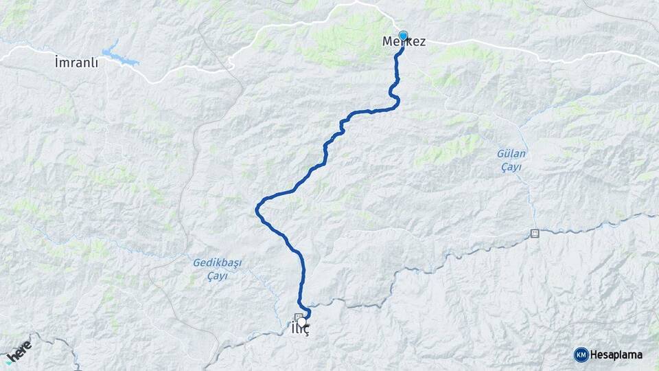 Erzincan Refahiye İliç Arası Kaç Km - Yol Haritası