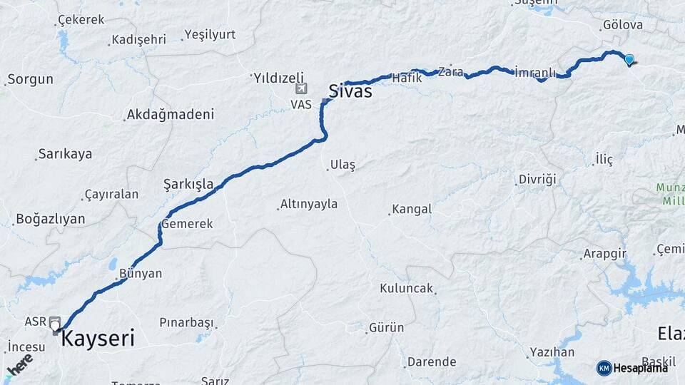 Erzincan Refahiye Kayseri Arası Kaç Km - Yol Haritası