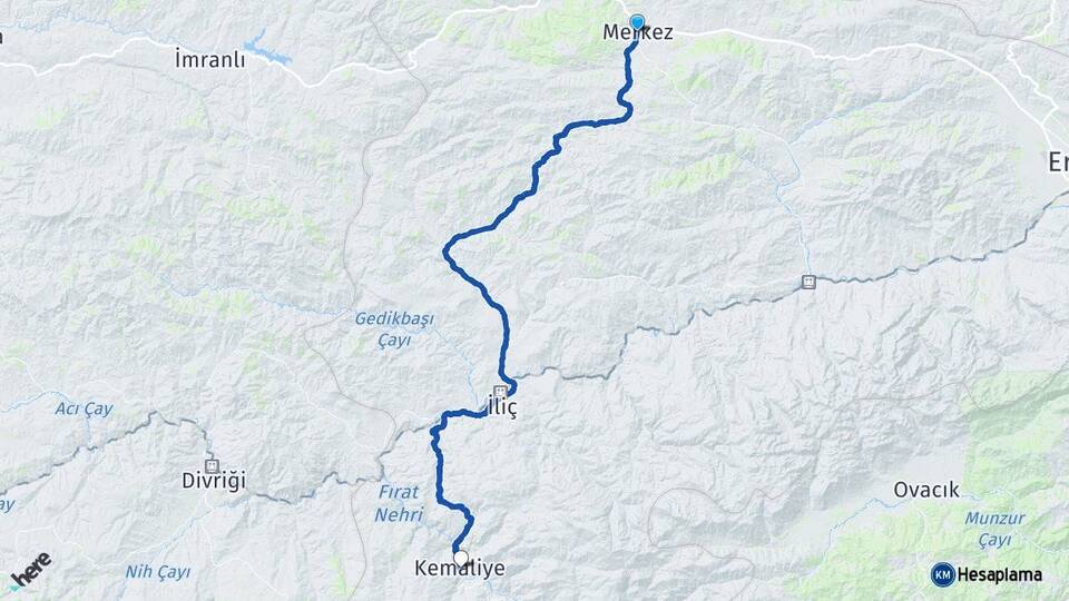 Erzincan Refahiye Kemaliye Arası Kaç Km - Yol Haritası