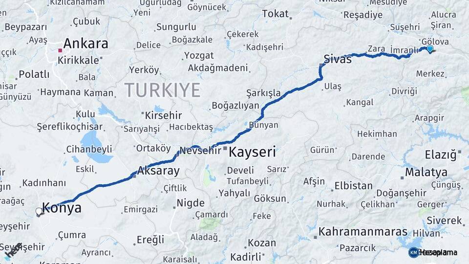 Erzincan Refahiye Konya Arası Kaç Km - Yol Haritası