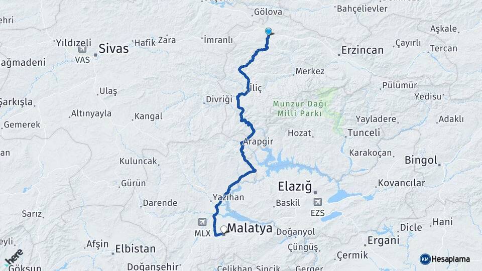 Erzincan Refahiye Malatya Arası Kaç Km - Yol Haritası