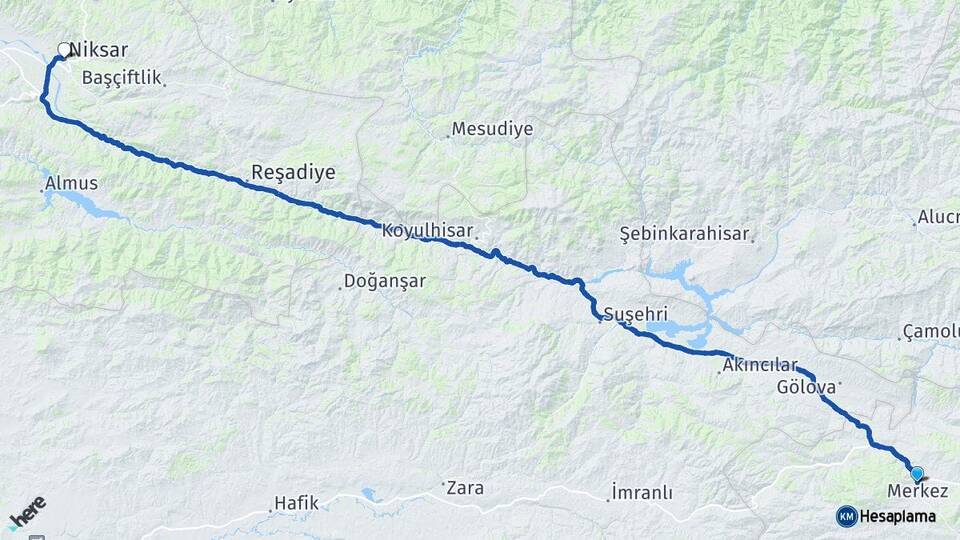 Erzincan Refahiye Niksar Tokat Arası Kaç Km - Yol Haritası