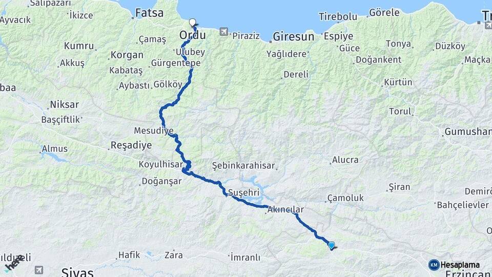 Erzincan Refahiye Ordu Arası Kaç Km - Yol Haritası