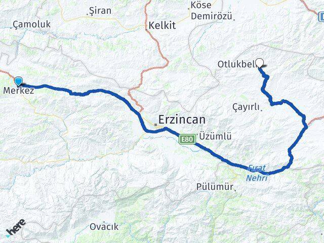 Erzincan Refahiye Otlukbeli Arası Kaç Km - Yol Haritası