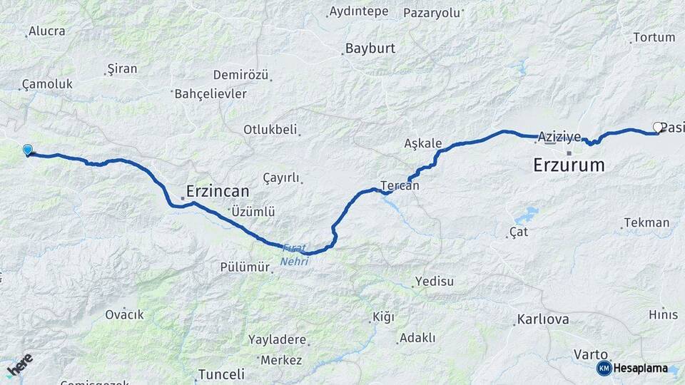 Erzincan Refahiye Pasinler Erzurum Arası Kaç Km - Yol Haritası