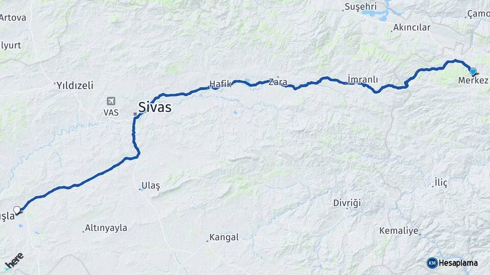 Erzincan Refahiye Şarkışla Sivas Arası Kaç Km - Yol Haritası