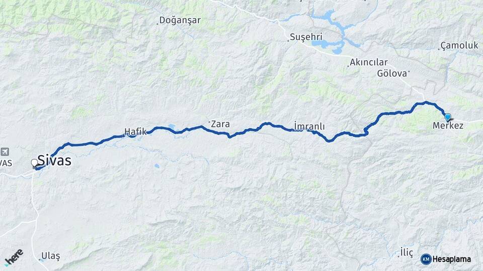 Erzincan Refahiye Sivas Arası Kaç Km - Yol Haritası