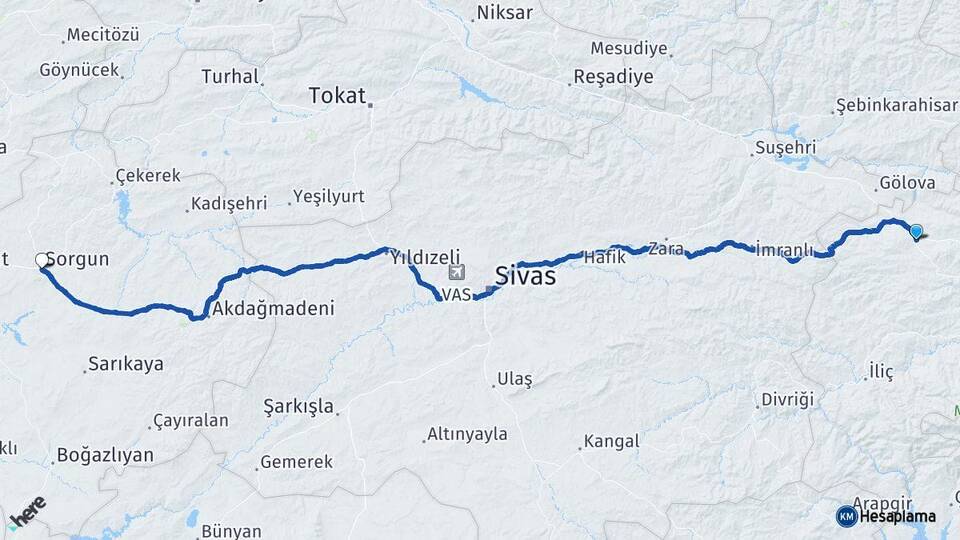 Erzincan Refahiye Sorgun Yozgat Arası Kaç Km - Yol Haritası