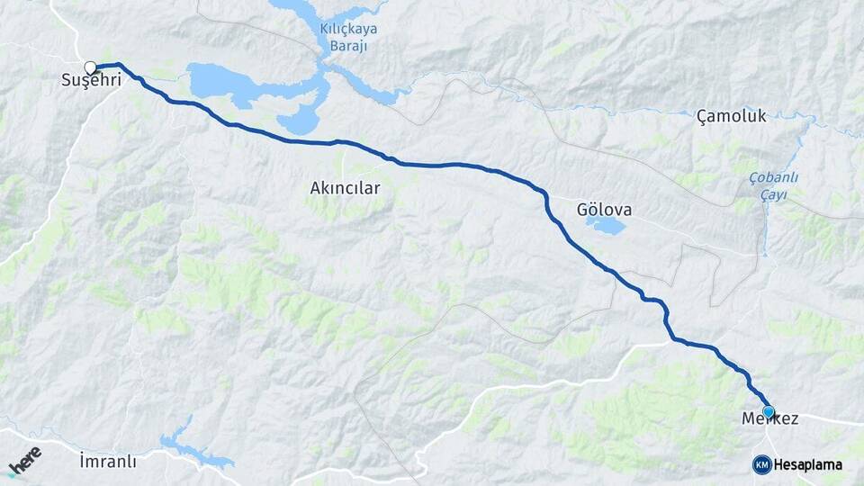 Erzincan Refahiye Suşehri Sivas Arası Kaç Km - Yol Haritası