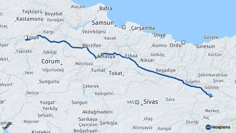Erzincan Refahiye Tosya Kastamonu Arası Kaç Km - Yol Haritası