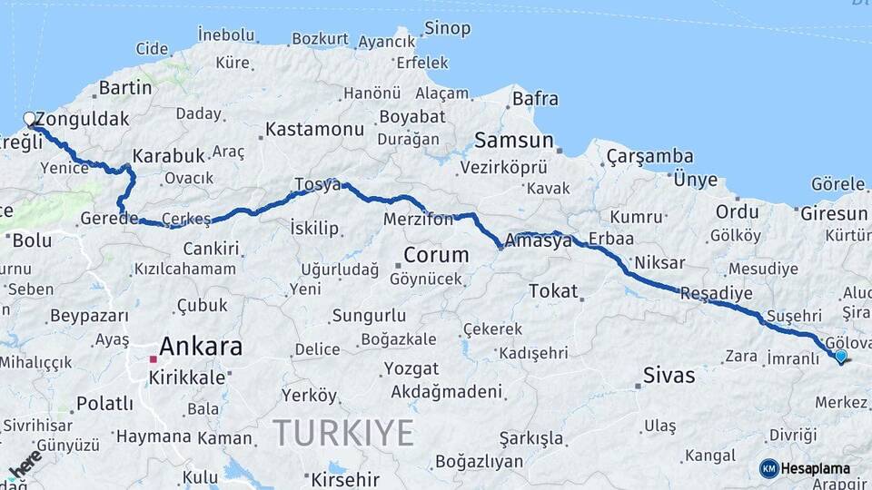 Erzincan Refahiye Zonguldak Arası Kaç Km - Yol Haritası