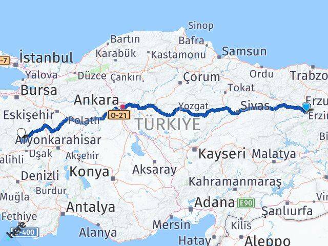 Erzincan Şaphane Kütahya Arası Kaç Km - Yol Haritası