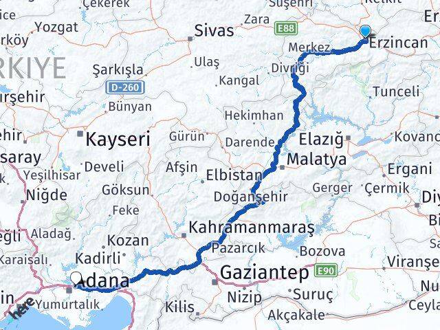 Erzincan Sarıçam Adana Arası Kaç Km - Yol Haritası
