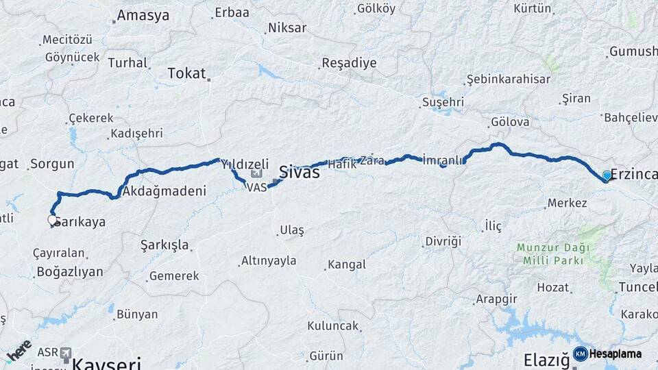 Erzincan Sarıkaya Yozgat Arası Kaç Km - Yol Haritası