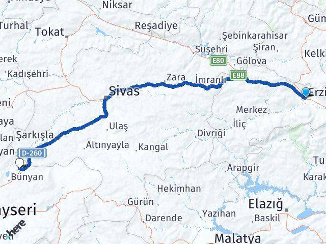 Erzincan Sarıoğlan Kayseri Arası Kaç Km - Yol Haritası