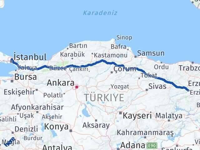 Erzincan Sarıyer İstanbul Arası Kaç Km - Yol Haritası
