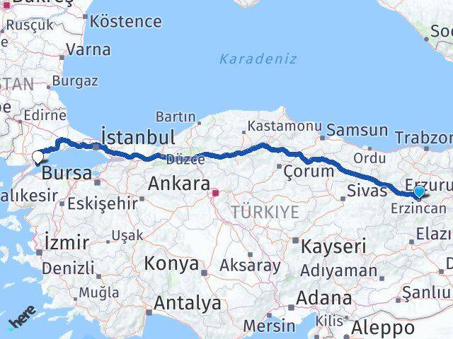 Erzincan Şarköy Tekirdağ Arası Kaç Km - Yol Haritası