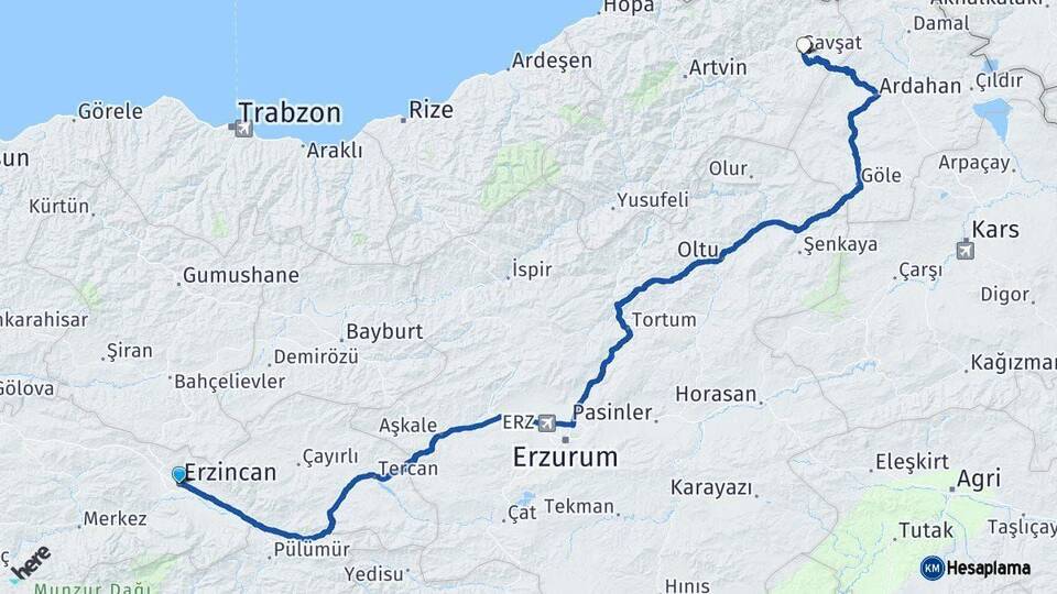 Erzincan Şavşat Artvin Arası Kaç Km - Yol Haritası