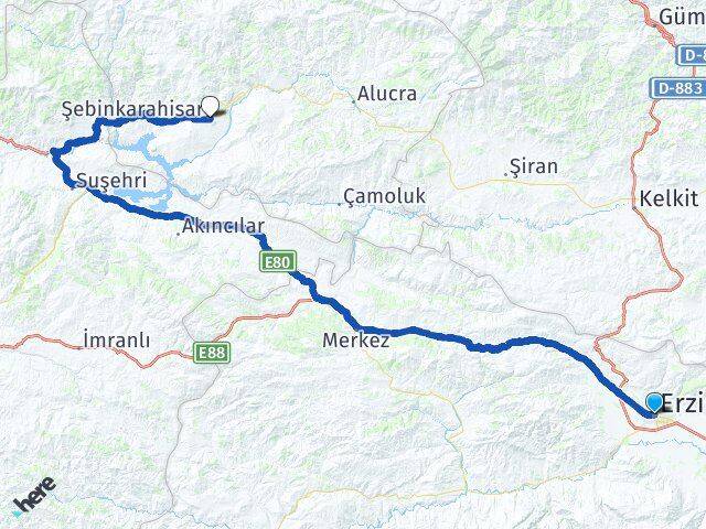 Erzincan Şebinkarahisar Giresun Arası Kaç Km - Yol Haritası