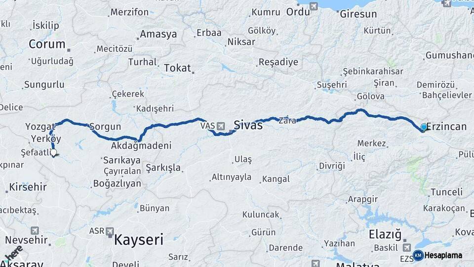 Erzincan Şefaatli Yozgat Arası Kaç Km - Yol Haritası