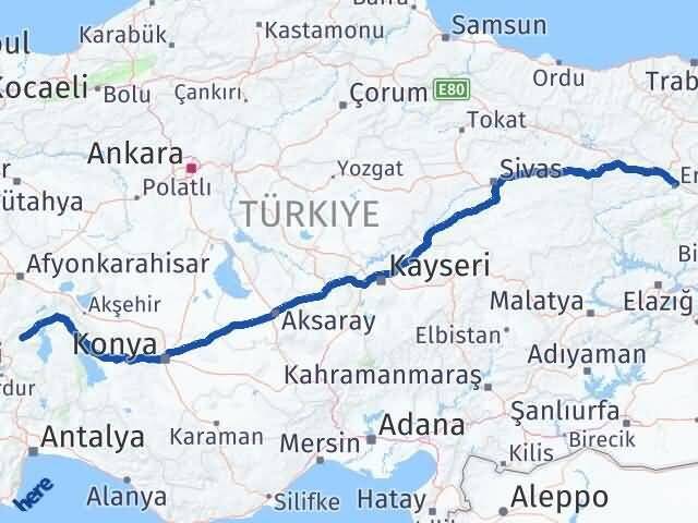 Erzincan Senirkent Isparta Arası Kaç Km - Yol Haritası