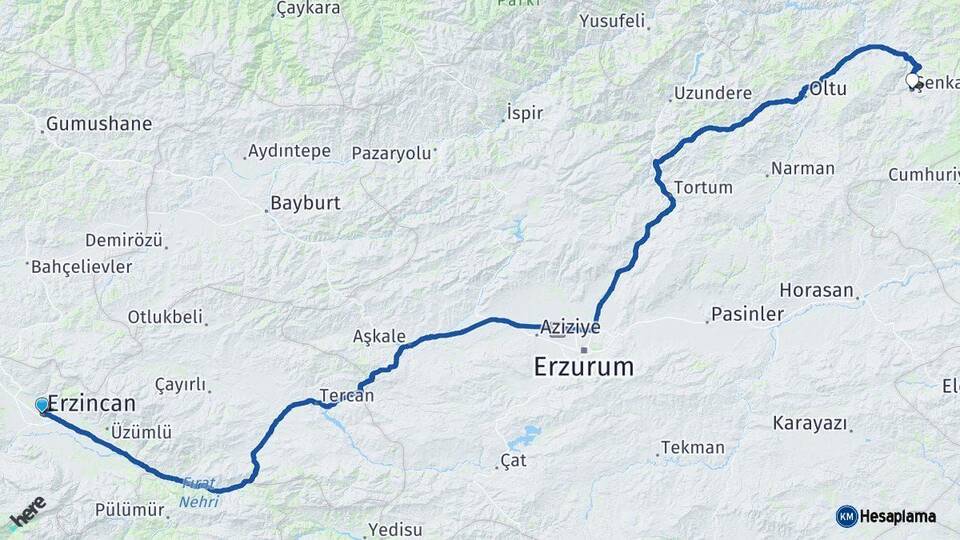 Erzincan Şenkaya Erzurum Arası Kaç Km - Yol Haritası