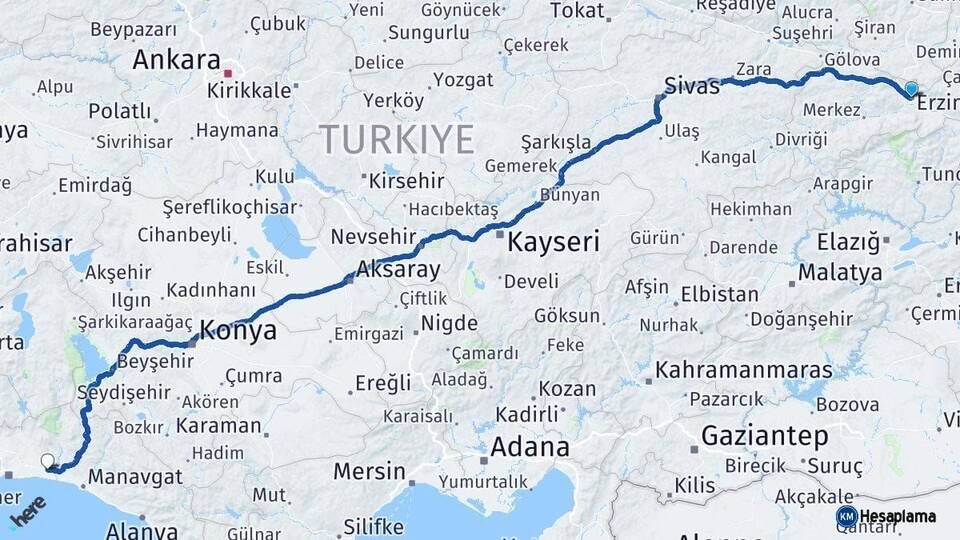 Erzincan Serik Antalya Arası Kaç Km - Yol Haritası