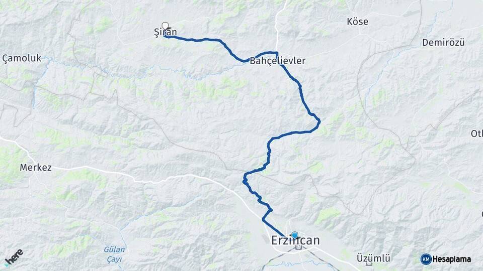 Erzincan Şiran Gümüşhane Arası Kaç Km - Yol Haritası