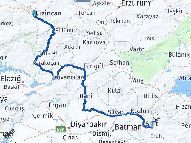 Erzincan Şirvan Siirt Arası Kaç Km - Yol Haritası