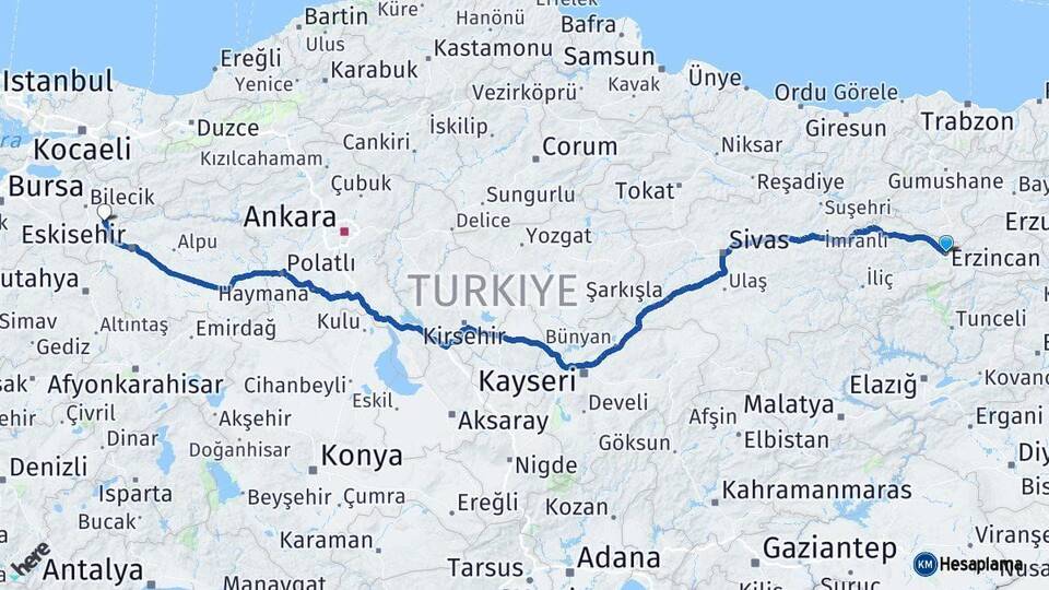 Erzincan Söğüt Bilecik Arası Kaç Km - Yol Haritası