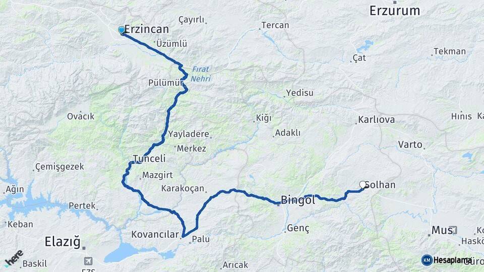 Erzincan Solhan Bingöl Arası Kaç Km - Yol Haritası