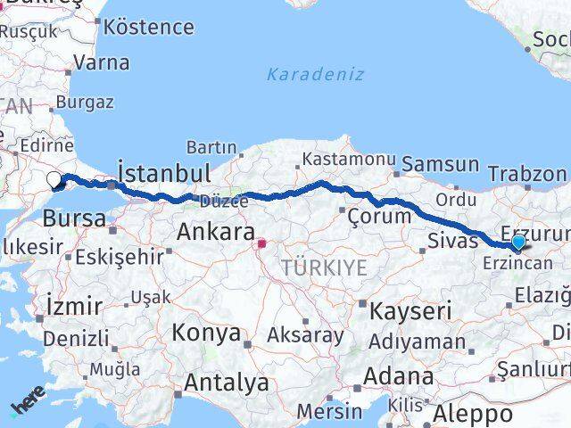 Erzincan Süleymanpaşa Tekirdağ Arası Kaç Km - Yol Haritası