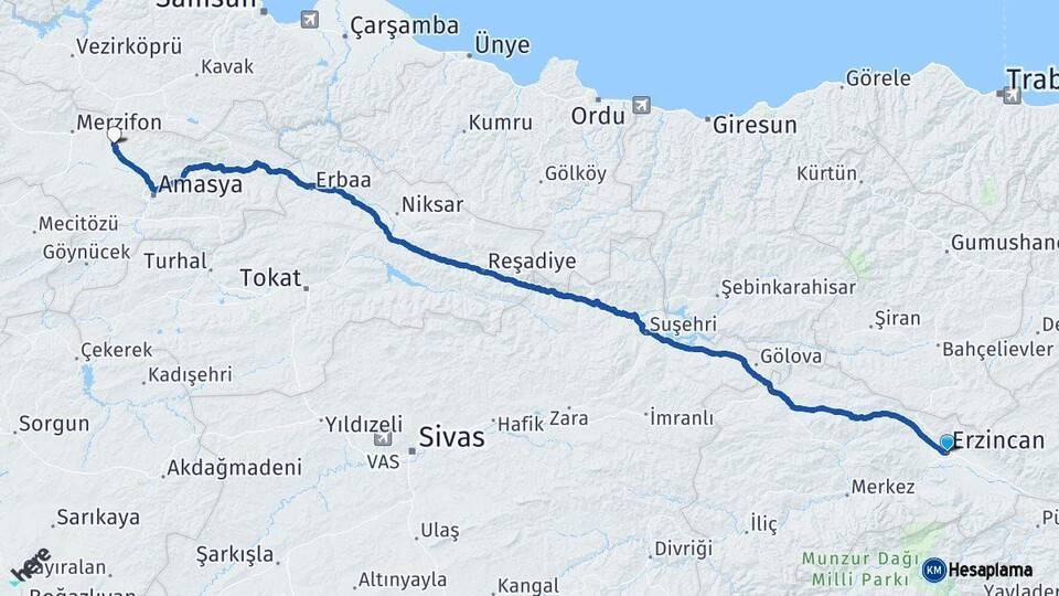 Erzincan Suluova Amasya Arası Kaç Km - Yol Haritası