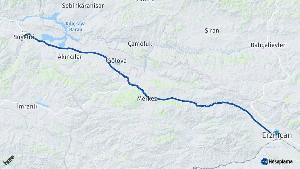 Erzincan Suşehri Sivas Arası Kaç Km - Yol Haritası