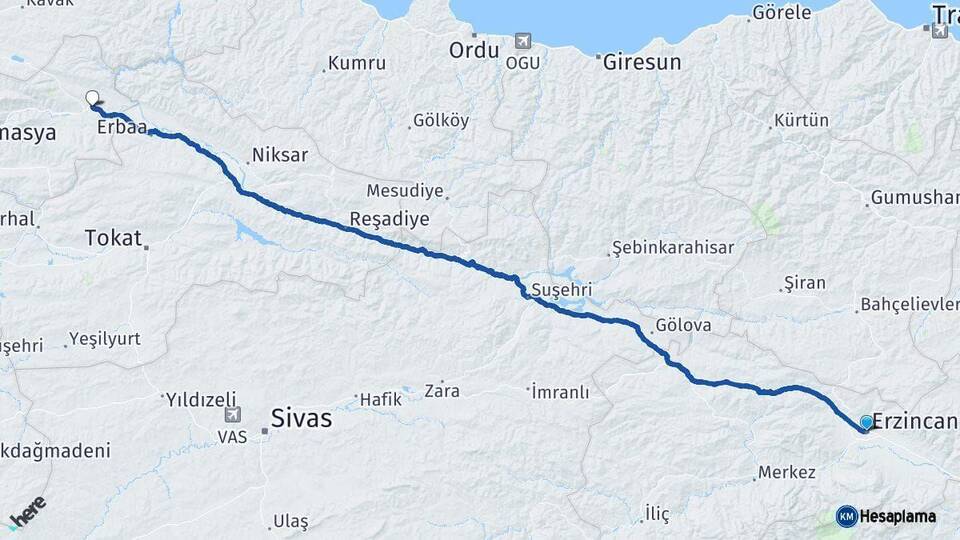 Erzincan Taşova Amasya Arası Kaç Km - Yol Haritası