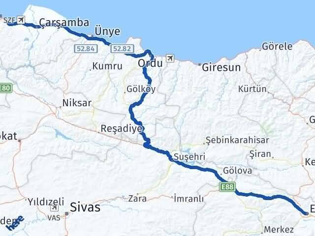 Erzincan Tekkeköy Samsun Arası Kaç Km - Yol Haritası