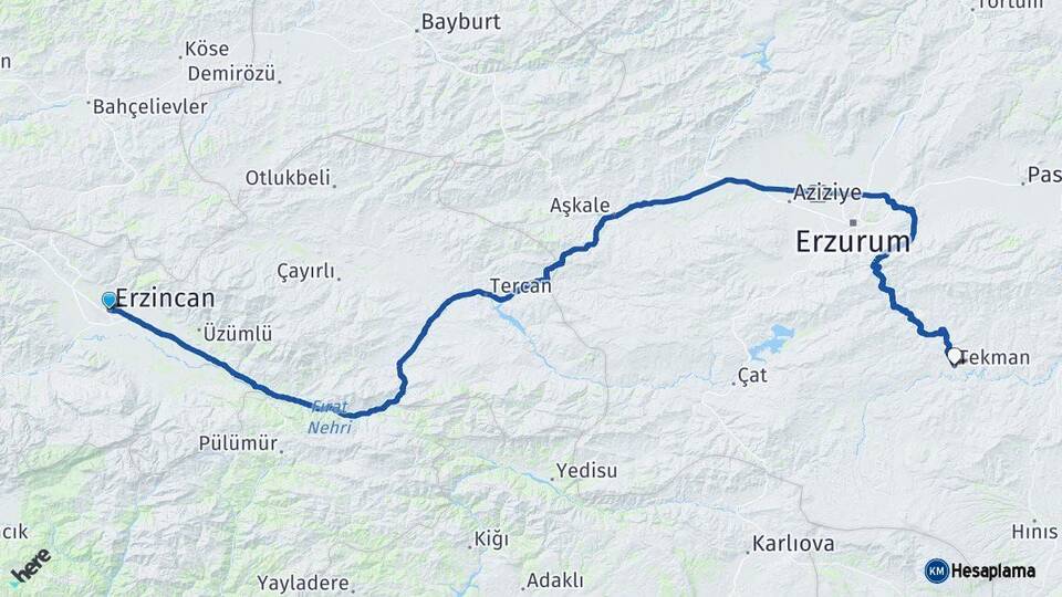 Erzincan Tekman Erzurum Arası Kaç Km - Yol Haritası