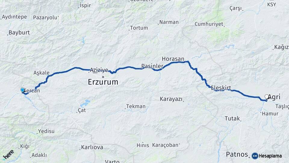 Erzincan Tercan Ağrı Arası Kaç Km - Yol Haritası