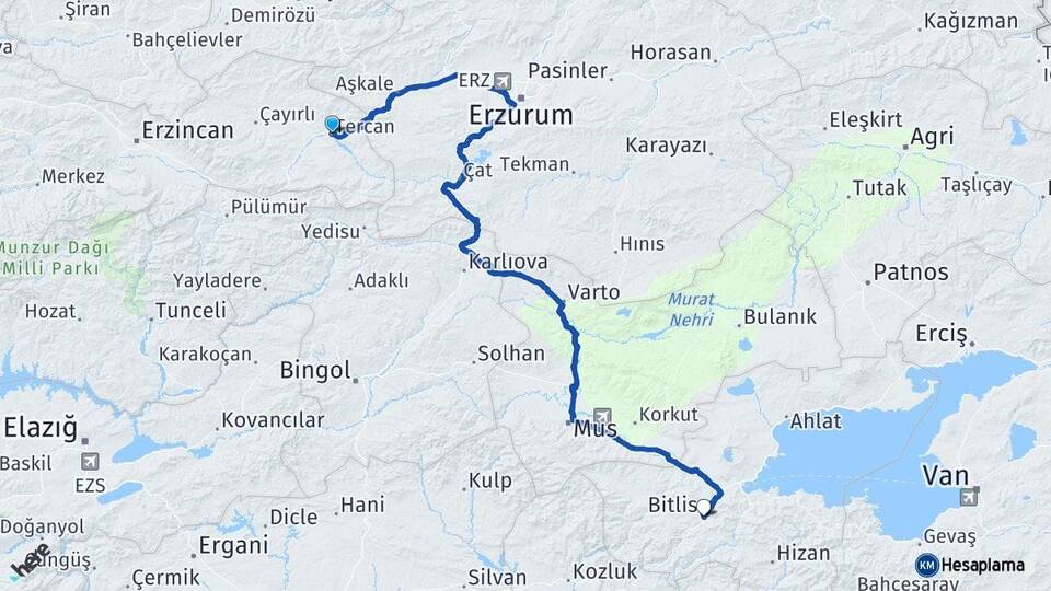 Erzincan Tercan Bitlis Arası Kaç Km - Yol Haritası