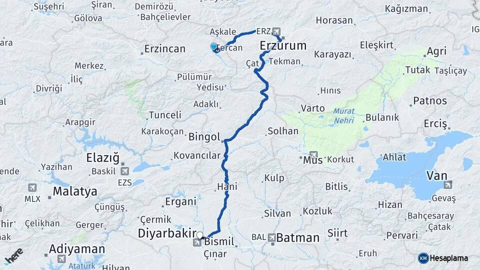 Erzincan Tercan Diyarbakır Arası Kaç Km - Yol Haritası