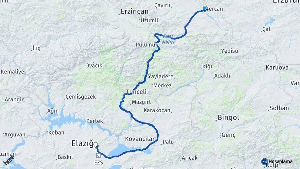 Erzincan Tercan Elazığ Arası Kaç Km - Yol Haritası