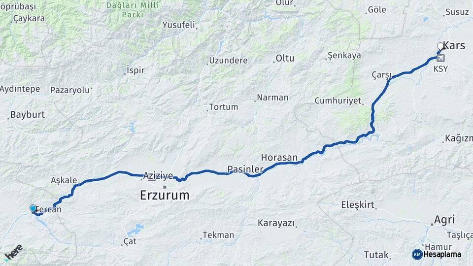 Erzincan Tercan Kars Arası Kaç Km - Yol Haritası