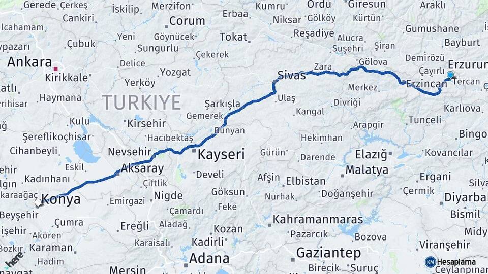 Erzincan Tercan Konya Arası Kaç Km - Yol Haritası