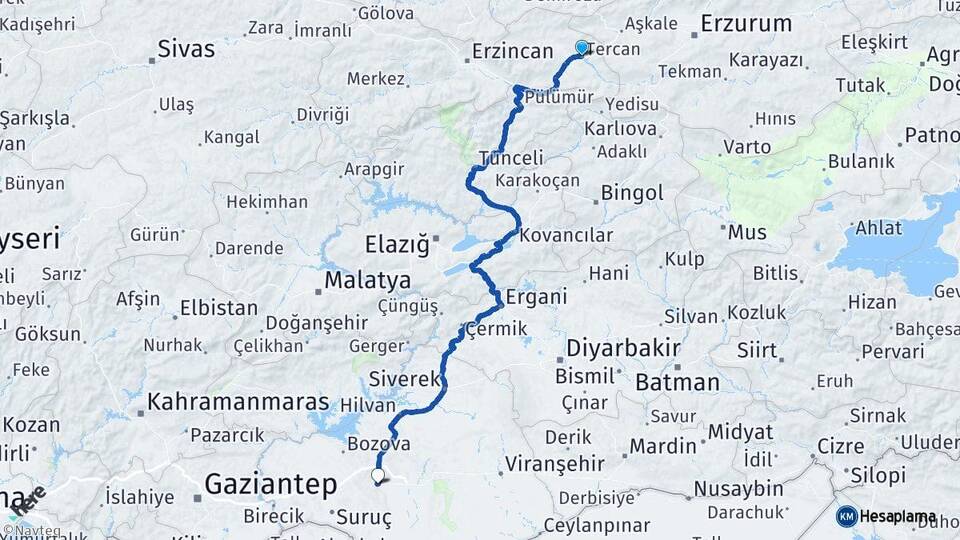 Erzincan Tercan Şanlıurfa Arası Kaç Km - Yol Haritası