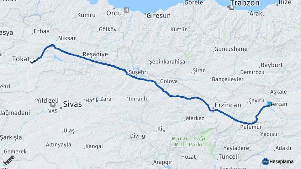 Erzincan Tercan Tokat Arası Kaç Km - Yol Haritası